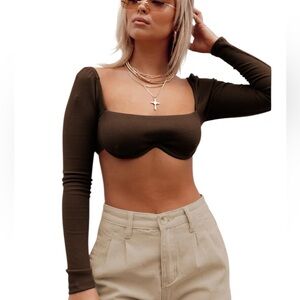 Princess Polly Size 4 Becca Long-Sleeve Brown Crop Top